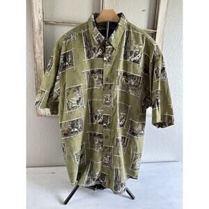 Magellan Short Sleeve Button-Down Shirt Mens Large Green With Deer Scenes Camo